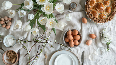 Beautiful table serving with Ester eggs, tulip flowers, willow branches and pieの素材