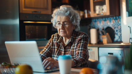 Senior woman working at home in the kitchen. Laptop computer, smart phones and a cup of coffe.の素材