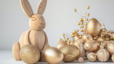 Wooden Easter Bunny and golden eggs on white background. Holiday concept. Happy Easterの素材