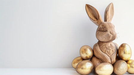 Wooden Easter Bunny and golden eggs on white background. Holiday concept. Happy Easterの素材