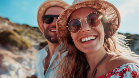 Portrait of attractive cheerful couple hugging having fun spending holiday vacation having fun on fresh air outdoorsの素材