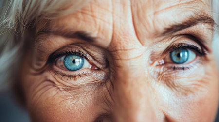 Eyes of Beautiful Senior Woman Looking at Camera and Smiling Wonderfully. Gorgeous Looking Elderly Grandmother with Natural Beauty of Grey Hair, Blue Eyes and Cheerful Worldviewの素材