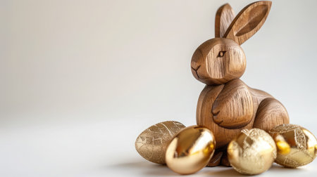 Wooden Easter Bunny and golden eggs on white background. Holiday concept. Happy Easterの素材
