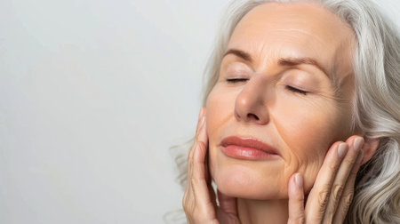 Gorgeous senior older woman with closed eyes touching her perfect skin. Beautiful portrait mid 55s aged woman advertising facial antiage lift products salon care tighten skin isolated on whiteの素材