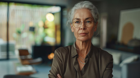 Strong senior mature old businesswoman looks seriously at the camera. Portrait of the Chief Executive in a modern house. Condifent stylish female CEO leader.の素材