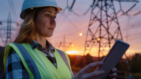 Female engineer using tablet on background of high-voltage substationの素材
