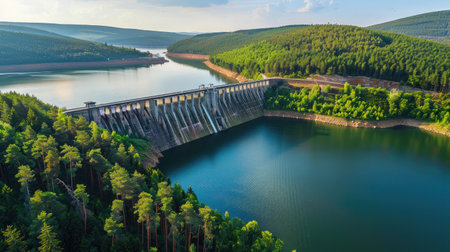 Water dam and reservoir lake aerial panoramic viewの素材