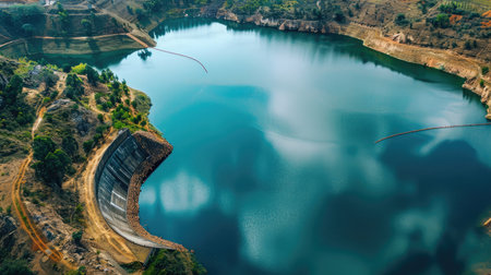 Water dam and reservoir lake aerial panoramic viewの素材