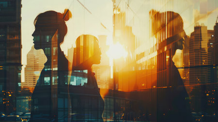 Silhouettes of business people working at corporate office in downtown. Work hard and business development concept. Double exposureの素材