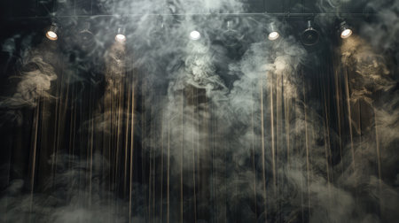 theater spot lights on black curtain with smokeの素材