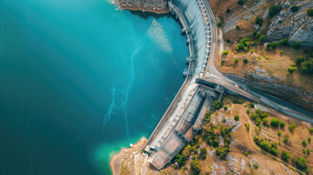 Water dam and reservoir lake aerial panoramic viewの素材