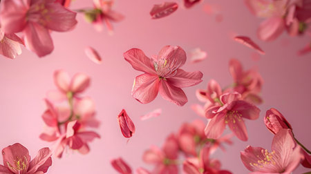 Fresh quince blossom, beautiful pink flowers falling in the air isolated on pink background. Zero gravity or levitation, spring flowers conceptionの素材