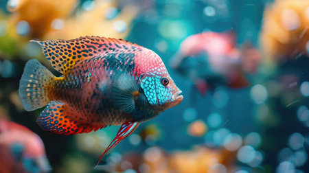 Flowerhorn Cichlid Colorful fish swimming in Aquarium deep blue freshwater fish tank. Flower horn fishes are ornamental fish that symbolizes the luckの素材