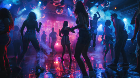 Nightlife and disco concept. Young people are dancing in clubの素材