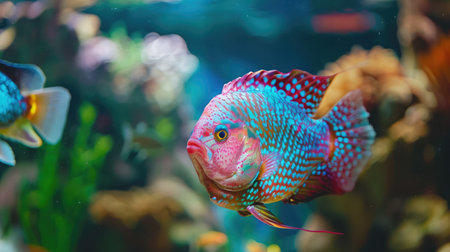 Flowerhorn Cichlid Colorful fish swimming in Aquarium deep blue freshwater fish tank. Flower horn fishes are ornamental fish that symbolizes the luckの素材
