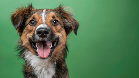portrait of brown white and black medium mixed breed dog smiling against a green backgroundの素材