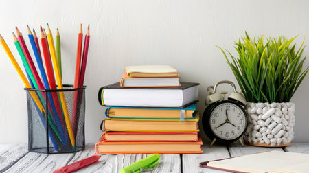 School books on desk, education conceptの素材