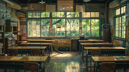 Image of classroom and desk in Japanese elementary schoolの素材