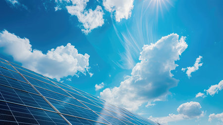 Solar cell panels with a sky background. Alternative electricity sourceの素材