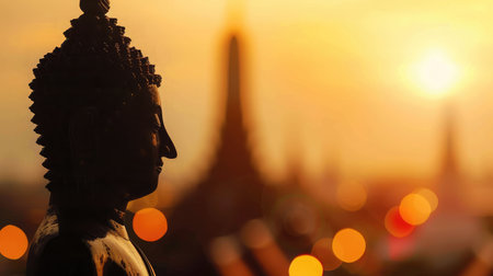 Waisak day concept: Sepia tone, silhouette Budha with blurred tourist attraction on sunset backgroundの素材