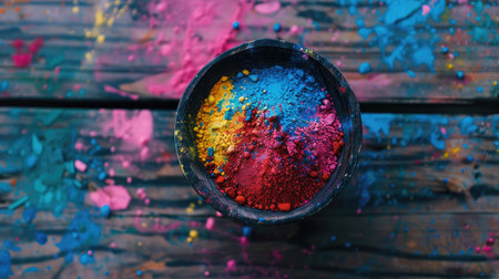 top veiw colorful holi powder in bowl on wooden table closeup on the table happy holi festival of colors artの素材