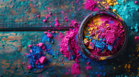top veiw colorful holi powder in bowl on wooden table closeup on the table happy holi festival of colors artの素材