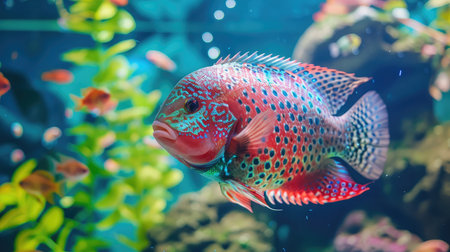 Flowerhorn Cichlid Colorful fish swimming in Aquarium deep blue freshwater fish tank. Flower horn fishes are ornamental fish that symbolizes the luckの素材