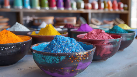 bowls with bright dry colors near piles of coloursの素材