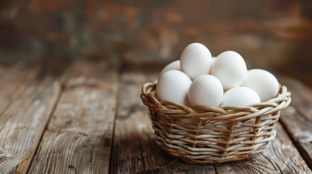 Basket of white chicken eggs on a wooden table in the chicken farmの素材
