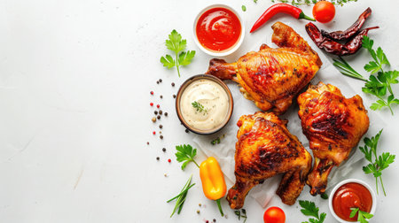 Air fryer chicken with crispy vegetable and different sauces isolated on white background. top viewの素材