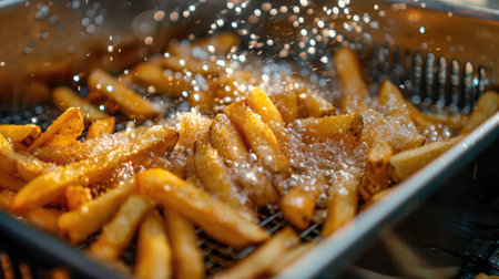 Cooking french fries in the deep fryer, crispy fries, Junk food concepの素材