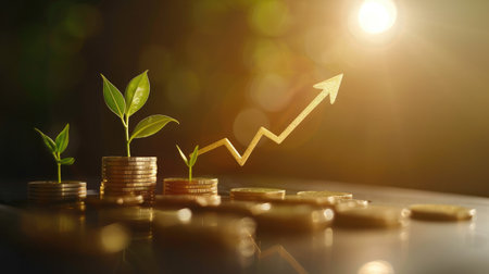 Growing money,finance and investment. Seedling are growing with business arrow of growth.の素材