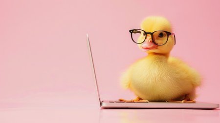 Cute duck looking at laptop in glasses on pink backgroundの素材