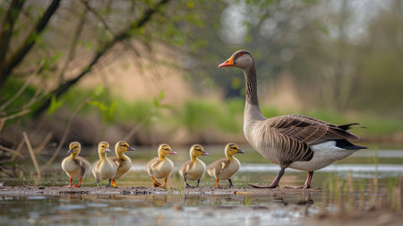 Parent Greylag Goose (Anser anser) out with their young goslings. Gelderland in the Netherlands.の素材