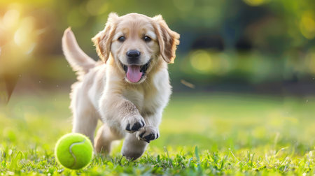 Playful happy pet dog puppy running in the grass and playing with a tennis ball. Web banner with copy space.の素材