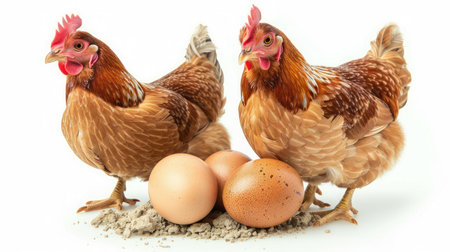 Two chickens and eggs isolated on a white background.の素材