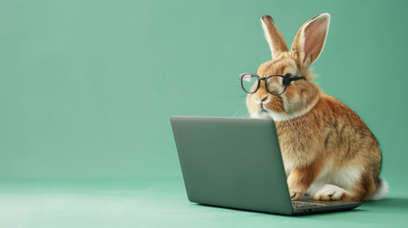 Cute rabbit looking at laptop in glasses on green backgroundの素材