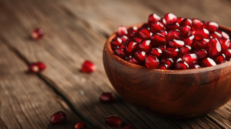 Fresh ripe juicy pomegranate seeds in bowl on wooden rustic background, healthy red fruits concept copy spaceの素材