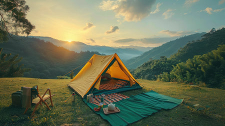 Small Yellow and Green Camping Tent Picnic on green lawn behind mountain sunrise morning sky background, Recreation and outdoor travel concept.の素材