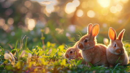 Cute little easter bunnies on green grass at sunsetの素材