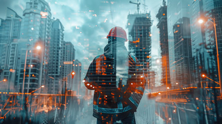 Double exposure image of construction worker holding safety helmet and construction drawing against the background of surreal construction site in the cityの素材