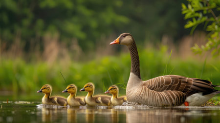 Parent Greylag Goose (Anser anser) out with their young goslings. Gelderland in the Netherlands.の素材