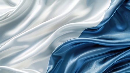 Abstract blue white luxury fabric wave background with copy space. Smooth liquid wave. Elegant shiny silk satin texture. Suit for wallpaper, cover, header, desktop, web, flyer.の素材