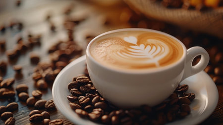 A cup of latte art coffee in a white cup with coffee beans on table. Closeup photo.の素材