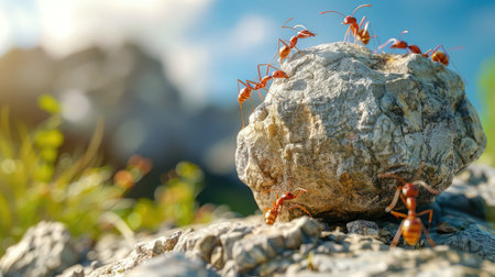 Ants are pushing heavy boulder up on hill. Teamwork conceptの素材