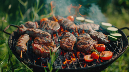 Assorted delicious grilled meat with vegetables on barbecue grill with smoke and flames in green grassの素材