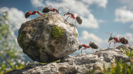 Ants are pushing heavy boulder up on hill. Teamwork conceptの素材