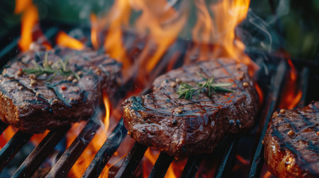 Beef steaks on the grill with flamesの素材