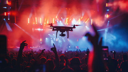 Drone silhouette flying above live concert and shooting photo and video of music festival.の素材