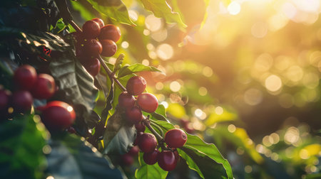 Coffee cherries or coffee bean on tree with sunlight.の素材